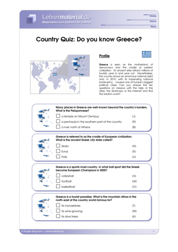 Vorschaugrafik 1 für das  Arbeitsblatt Country Quiz: Do you know Greece? von Lehrermaterial.de.