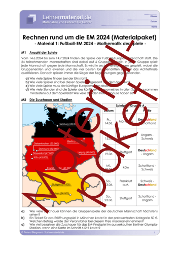 Vorschaugrafik 1 für das  Arbeitsblatt Rechnen rund um die EM 2024 (Materialpaket) von Lehrermaterial.de.