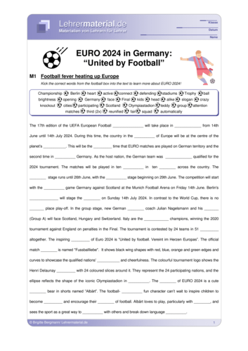 Vorschaugrafik 1 für das  Arbeitsblatt EURO 2024 in Germany: “United by Football” von Lehrermaterial.de.